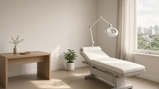 Sala de procedimentos do consultório, com maca branca, foco de luz e janela para a cidade
